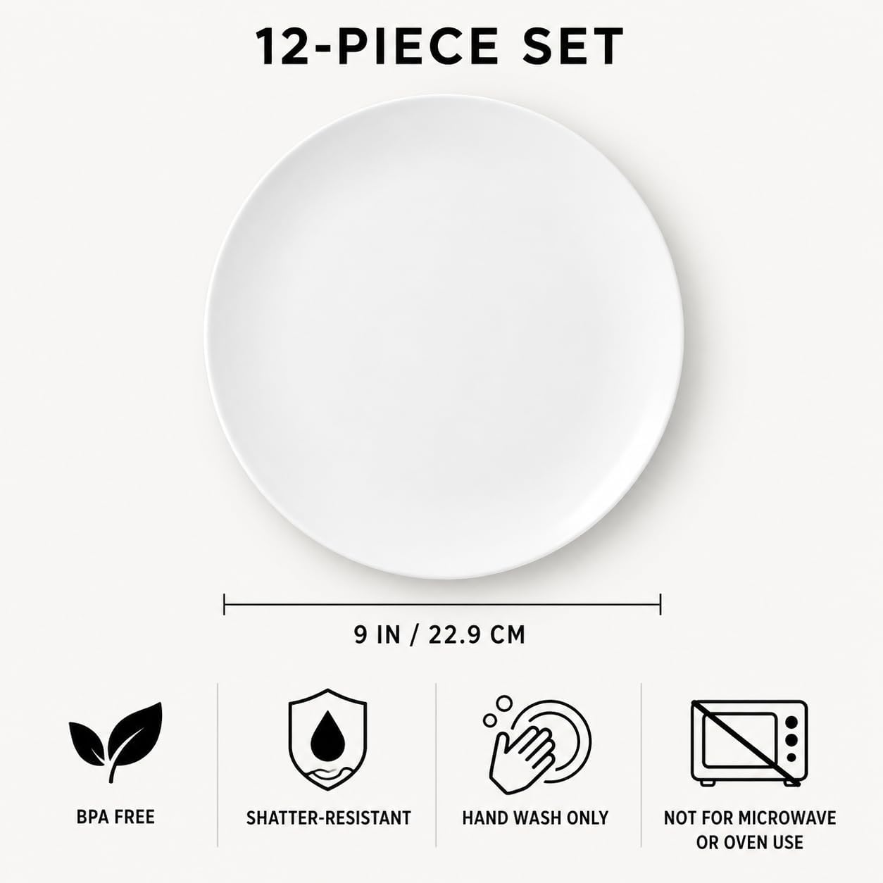 Melamine Salad Plates Set of 12, 9 Inch White Dessert Plates, BPA Free