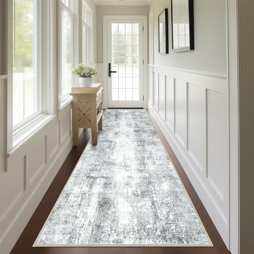 Capslpad Abstract Washable Runner Rug,2x10 Non-Slip Hallway Runner Rug,Modern Low Pile Kitchen Runner Rug,Ultra Soft Print Distressed Runner for Entryway,Bedroom,Laundry,Living Room(Grey, 2' x 10')