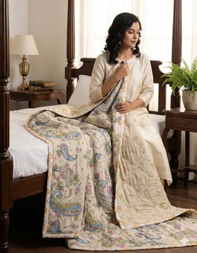 Image of Summer Blanket 100% Cotton Reversible Ac Comforter and Cooling | Classic Printed Design | Quilt | Dohar Single /Double Bed Quilt Ideal for Gifting (Cream, Single)