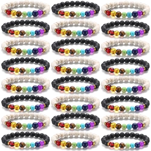 24 Pcs Chakra Bracelets for Women Volcanic Rock 7 Chakras Crystals and Healing Stones Bracelets 8mm Natural Stone Yoga Beaded Wristlet for Women Men Essential Oil Diffuser