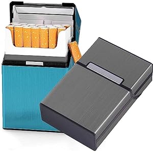 Cigarette Case Brushed Metal Cigarette Case with Magnetic Switch Flip Closure,20 Capacity (85mm, Gray + Blue,2 Pack,)