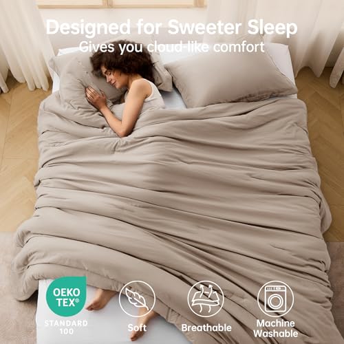 Image of MUXHOMO King Size Comforter Set, All Season Ultra Soft Down Alternative Bedding - 3 Piece Lightweight Bed Set Includes 1 Comforter (104 inchx90 inch) and 2 Pillow Shams (20 inchx36 inch), Dark Linen