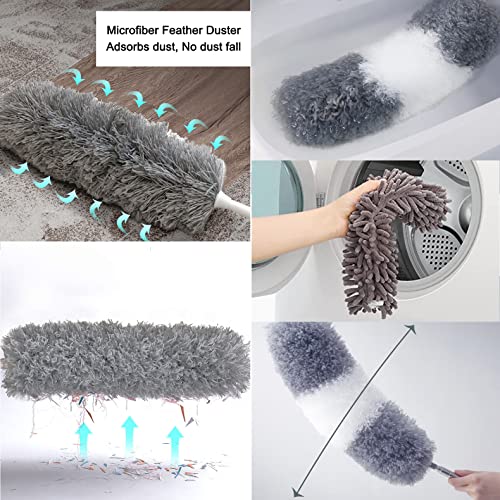 Image of Duster Household Cleaning Supplies Kit 16pcs Microfiber Feather Duster 100in Extension Pole Reusable Bendable Cobweb Duster Window High Ceiling Fan Gap Cleaner