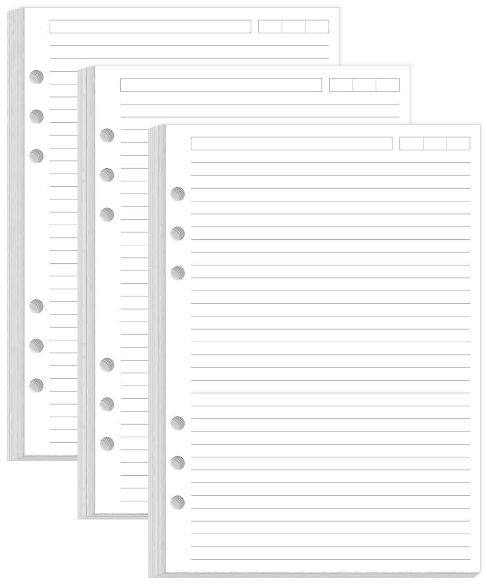 (3-Pack) 6-Hole Lined Paper Refills for A5 Binder - 300 Sheets/600 Pages Loose Leaf Paper for Filofax Planner, 100 gsm, 5.8" x 8.25"