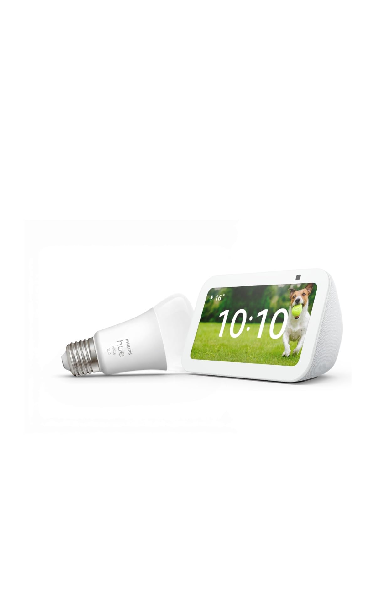 Echo Show 5 (Ultimo modello) con Alexa+, Bianco Ghiaccio + Philips Hue White Lampadina LED Smart (E27), Bundle Illuminazione Intelligente con Controllo Vocale
