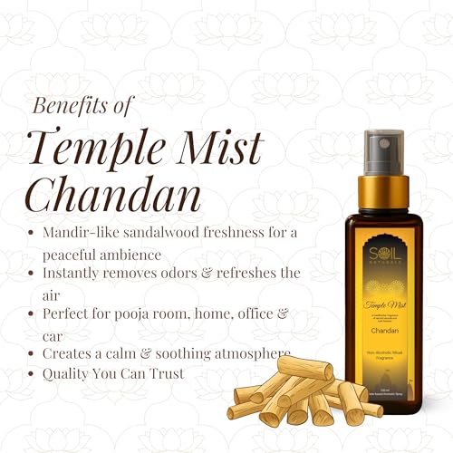 Image of Temple Mist Chandan Room Freshener Spray 100ml | Pure Natural Long Lasting Sandalwood Air Freshener for Home, Office, Car, Living Room Pooja Room Mandir Mediation Fragrance Mist