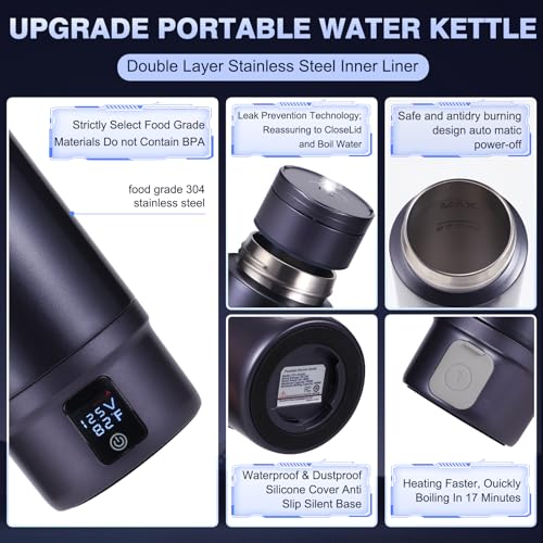 Vacuum Insulated Car Electric Kettle,Miicasa Stainless Steel Tumbler Car Water Heater,12V/24V Water Boiler with 6 Temperature and Auto Shut-Off Boil Dry,16oz
