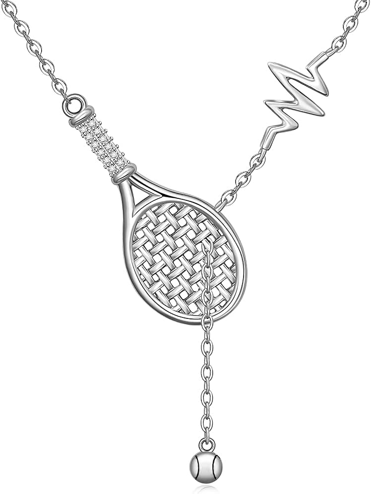 Sterling Silver Tennis Necklace Y-Necklace Chain Tennis Racket and Ball Pendant Heartbeat Sports Jewelry Gifts Lover