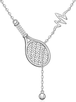 Sterling Silver Tennis Necklace Y-Necklace Chain Tennis Racket and Ball Pendant Heartbeat Sports Jewelry Gifts Lover
