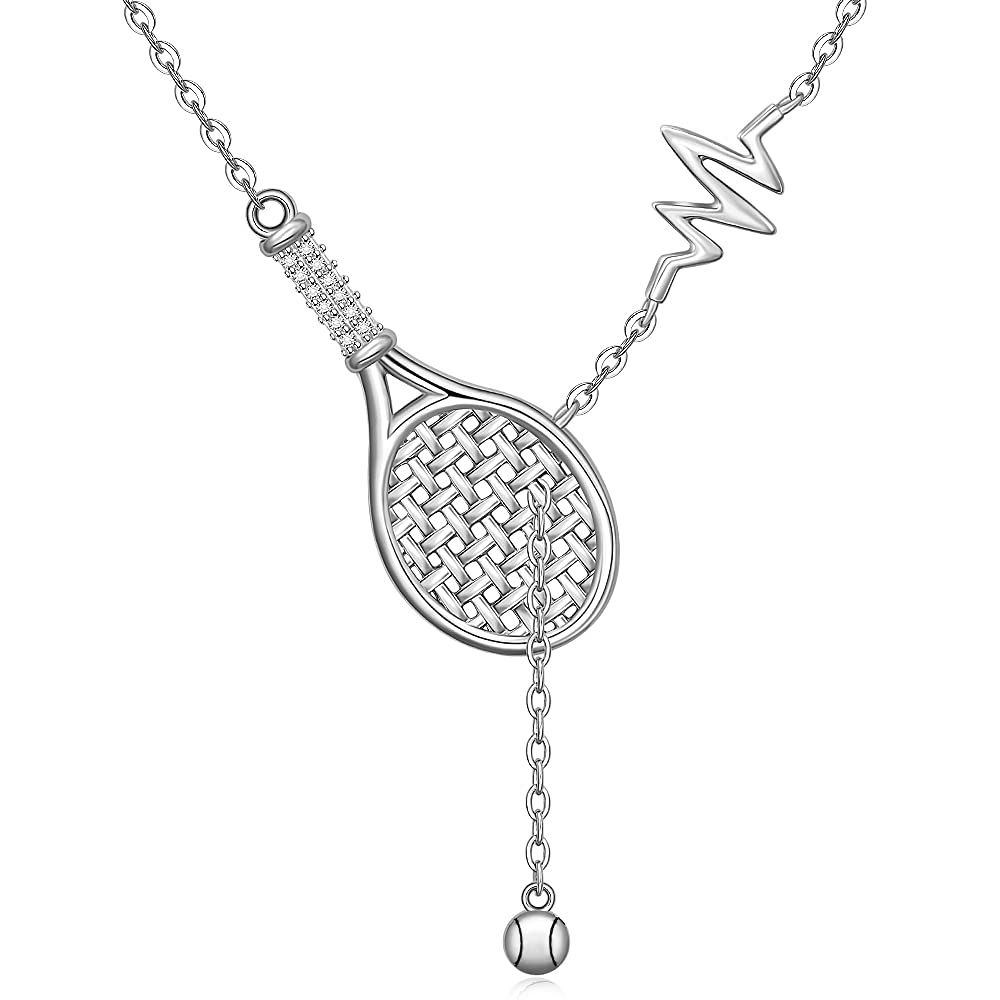 Collar de plata de ley con cadena de tenis, raqueta de tenis y bola colgante de latido del corazón de la joyería deportiva de tenis regalos para las niñas amantes
