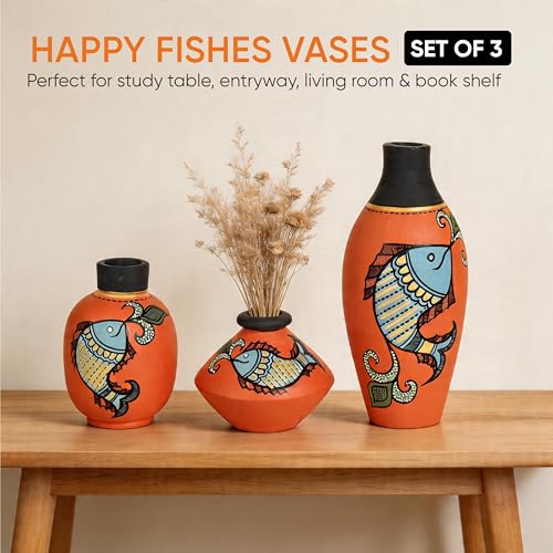 Image of Aakriti Art Creations Happy Fishes Vases Set of 3 in Orange | Hand-Painted Madhubani Art Terracotta Flower Vases | Matte Finish Decorative Vases for Living Room, Table Decor & Gifting