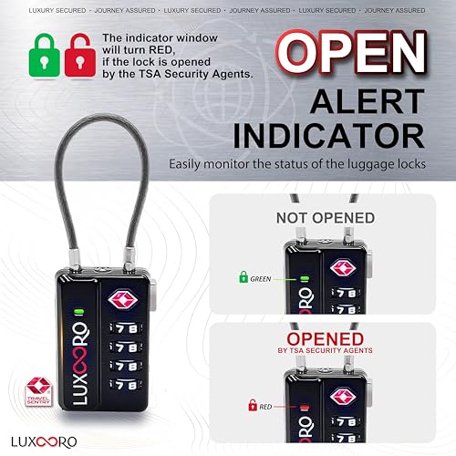 Tool-Less TSA Approved Luggage Lock with Alert Indicator, 4-Digit Resettable Combination, Durable Zinc Alloy Travel Locks for Suitcase, Backpack, Toolbox, Locker, Keyless – Black (4 Pack)4