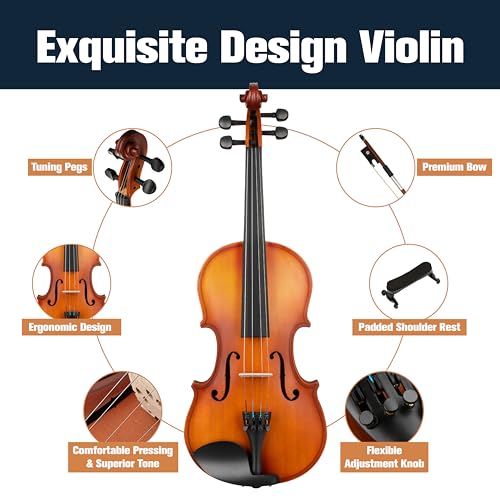 Image of Mendini by Cecilio 1 /4 Violin Set For Beginners - Hand Carved Acoustic Violins Kit - Fiddle Solid Wood Kit with Hard Case, Bow, Rosin, Shoulder Rest, Bridge and Extra Strings