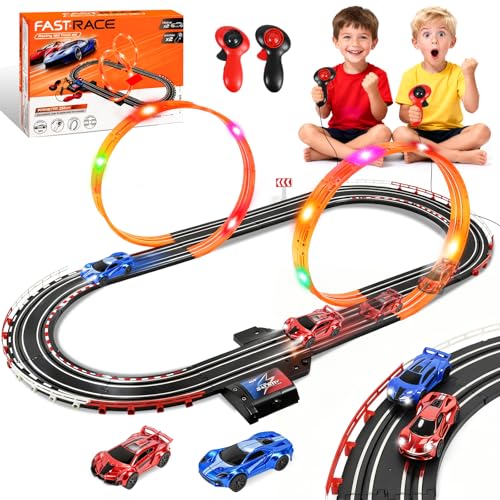 PATEMZON Pista de Coches Electricos Niños, Pistas de Cars Telecomandado con 2 Coches y Accesorios, Juguete Circuito Coche Eléctrico Flexible con Luz, Juguetes Regalo para Niños y Niñas de 3+ Años (A)