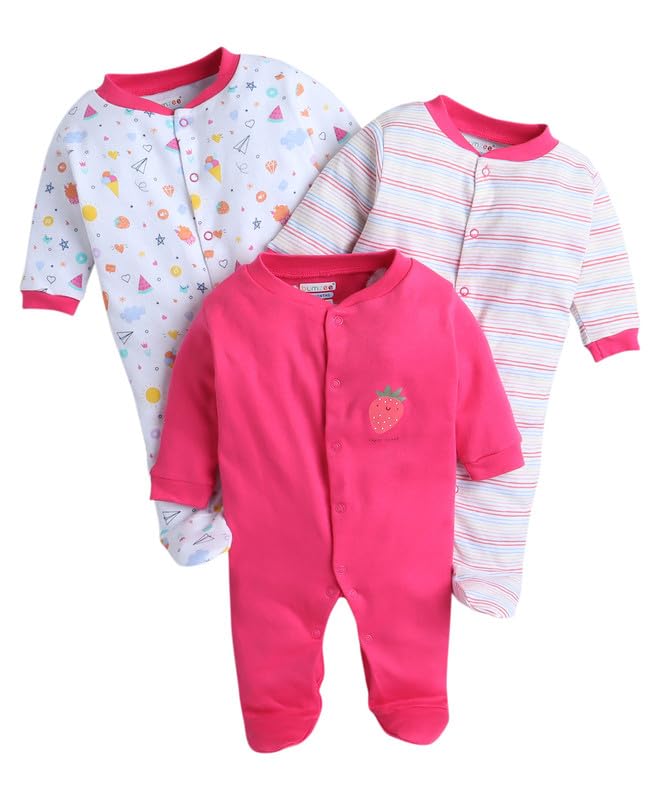 BUMZEE Pink & Multi Baby Girls Full Sleeves Sleepsuit Pack of 3 (Peb10051)