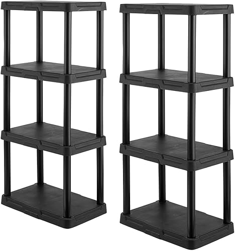 CX 4-Tier (48"H x 22"W x 14.25"D) Plastic Storage Shelving Unit (Black) 2-Pack, Light Duty, 50lbs Per Shelf Capacity, Indoor Storage and