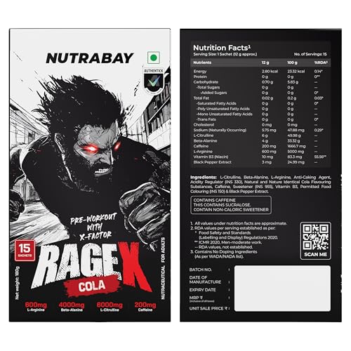 Image of Nutrabay RageX Pre Workout Supplement Powder - 180g (15 Sachets), Cola | 200mg Caffeine, 4g Beta-Alanine, 6g L-Citrulline, 600mg L-Arginine, & Black Pepper | Muscle Pump & Performance