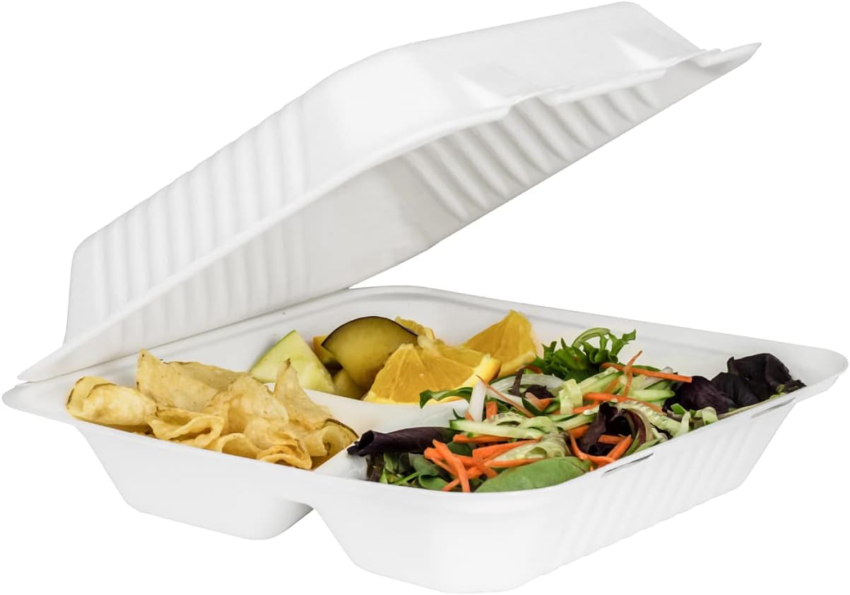 KARAT EARTH Clamshell Take Out Food Containers [9"x9", 200 ct ] 3 Compartments | Compostable To Go Containers, Natural Biodegradable Bagasse | White