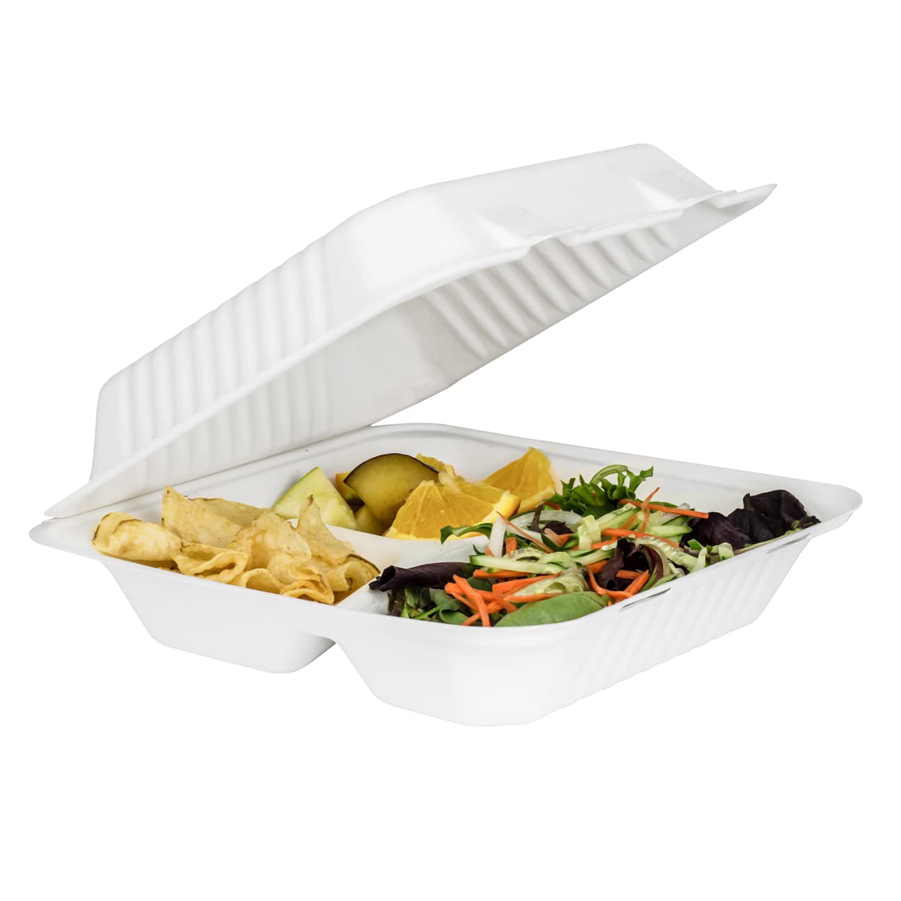 KARAT EARTH Contenedores compostables de bagazo con bisagras de 9 x 9 pulgadas, sin PFAS, 3 compartimentos, KE-BHC99-3CFF - 200 unidades