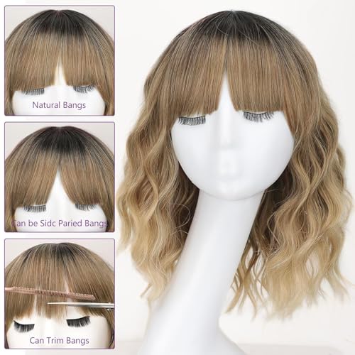 Image of AISI HAIR Synthetic Wavy Curly Bob Wig with Bangs Ombre Blonde Mixed Short Hair for Women Synthetic Heat Resistant Bob Wigs