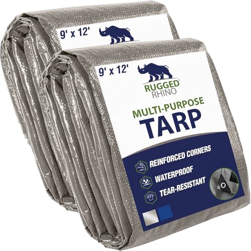 RUGGED RHINO All Weather 100% Waterproof Heavy Duty Tarp, 9x12, 2 PK, UV Temperature Resistant Tarps, High Durability Multipurpose Cover, for Home Outdoor Winter Snow Clean Up, Camping, 5 Mil, Silver