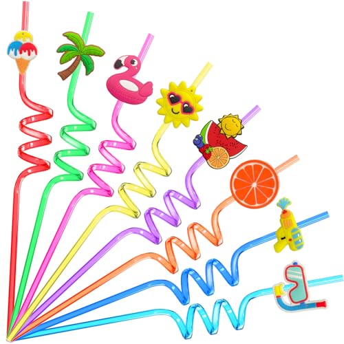 Lumsburry Lot de 24 pailles réutilisables pour piscine et fête sur le thème de la plage pour enfants et adultes avec 2 brosses de nettoyage