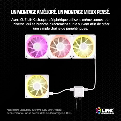 CORSAIR iCUE Link LX140 RGB 140 mm PWM Ventilateur Paquet Unique – Double Boucles Lumineuses – Requiert Le iCUE Link System Hub (Vendu Séparément) – Technologie CORSAIR AirGuide – Blanc