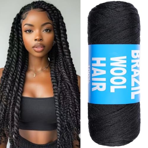 Brazilian Wool Hair Yarn for Braids Brazilian Wool Hair Acrylic Yarn for Soft Faux Locs Goddess Locs Hair Extension Senegalese Twist Crochet Hair for Black Women(1 Roll Natural Black)