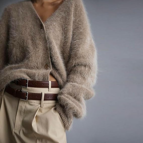 Damen Fuzzy Mohair Pullover Button Down V-Ausschnitt Langarm Strickoberteile Casual Leichte Strickjacke, 2, M