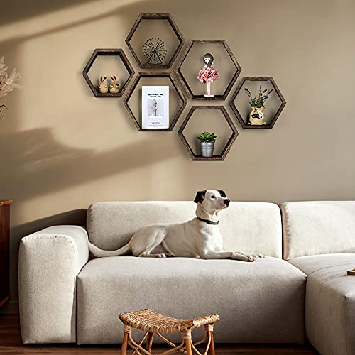 Sehertiwy Hexagonal Floating Shelves Wall Mounted Set Of 6 Wood Farmhouse Storage Honeycomb Wall Shelf For Bathroom, Kitchen, Bedroom, Living Room, Office,Driftwood Finish (Dark Brown) #TOP1