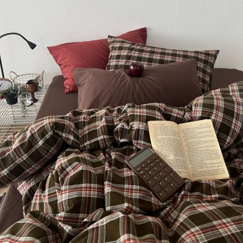 Image of Plaid Duvet Cover Queen Size Red Brown Gingham Duvet Cover Set Vintage Checkered Grid Soft Lightweight Microfiber Bedding Set with Zipper Closure and 2 Pillowcases (No Comforter)