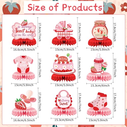 Image of Strawberry Baby Shower Decorations - 9PCS Berry Sweet Baby Shower Decorations Supplies A Berry Sweet Baby Is on the Way Decor Strawberry Honeycomb Centerpieces Baby Shower Party Table Decor