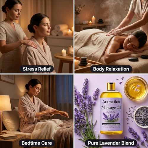 Image of AROMATICO Lavender Relaxing Massage Oil - Body Massage Oil with Almond, Jojoba & Sesame for Stress Relief, Better Sleep & Full Body Care | 300ml
