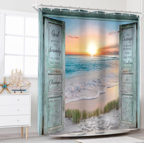 Riyidecor Inspirational Quote Shower Curtain for Bathroom Decor 72Wx72H Ocean Beach Teal Barn Door Hawaiian Sunset Scenery Sea Wave Rustic Art Printed Fabric Polyester Waterproof 12 Pack Plastic Hooks - Image 3