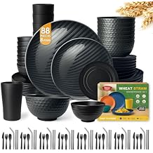 Teivio 88-Piece With Flatware Kitchen Plastic Wheat Straw Dinnerware Set for 8, Dinner/Dessert/Appetizer Plates, Cereal Fruit Bowls, Pasta Bowls, Cups, Unbreakable Dishwasher Safe Outdoor Dish, Black