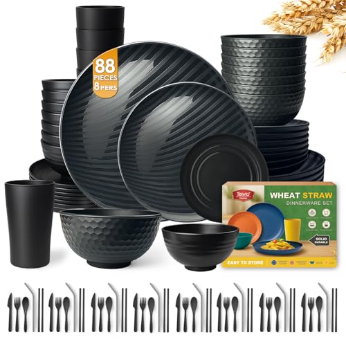 Teivio 88-Piece With Flatware Kitchen Plastic Wheat Straw Dinnerware Set for 8, Dinner/Dessert/Appetizer Plates, Cereal Fruit Bowls, Pasta Bowls, Cups, Unbreakable Dishwasher Safe Outdoor Dish, Black