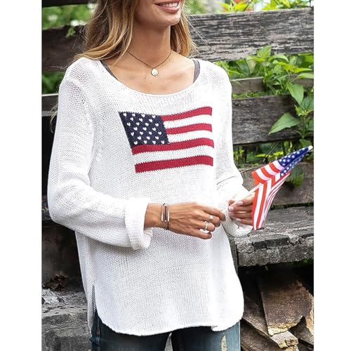 Image of Women American Flag Sweater Loose Vintage USA Sweatshirt Long Sleeve Crewneck Hollow Out 4th of July Jumper