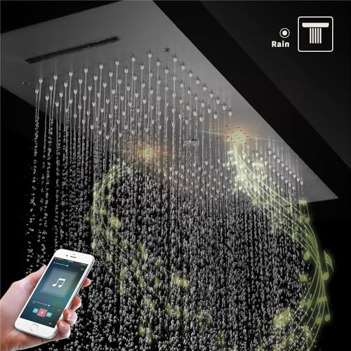 Cascada Artemisia 12"x36" LED Sistema Digital de Ducha con Bluetooth Grande (Montaje en Techo) con 5 Mandos y 4 Funciones (Doble Lluvia, Doble Cascada, Columna de Agua y Ducha de Mano) (Negro Mate) miniatura 2