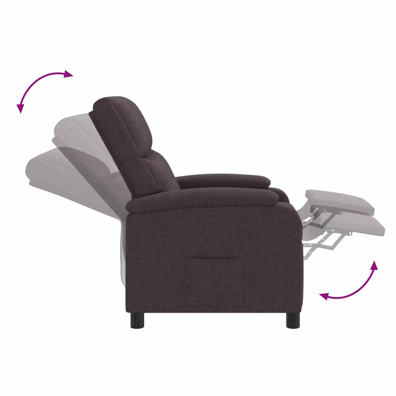 Poltrona relax in tessuto marrone scuro, regolabile da 115 a 160 gradi, con