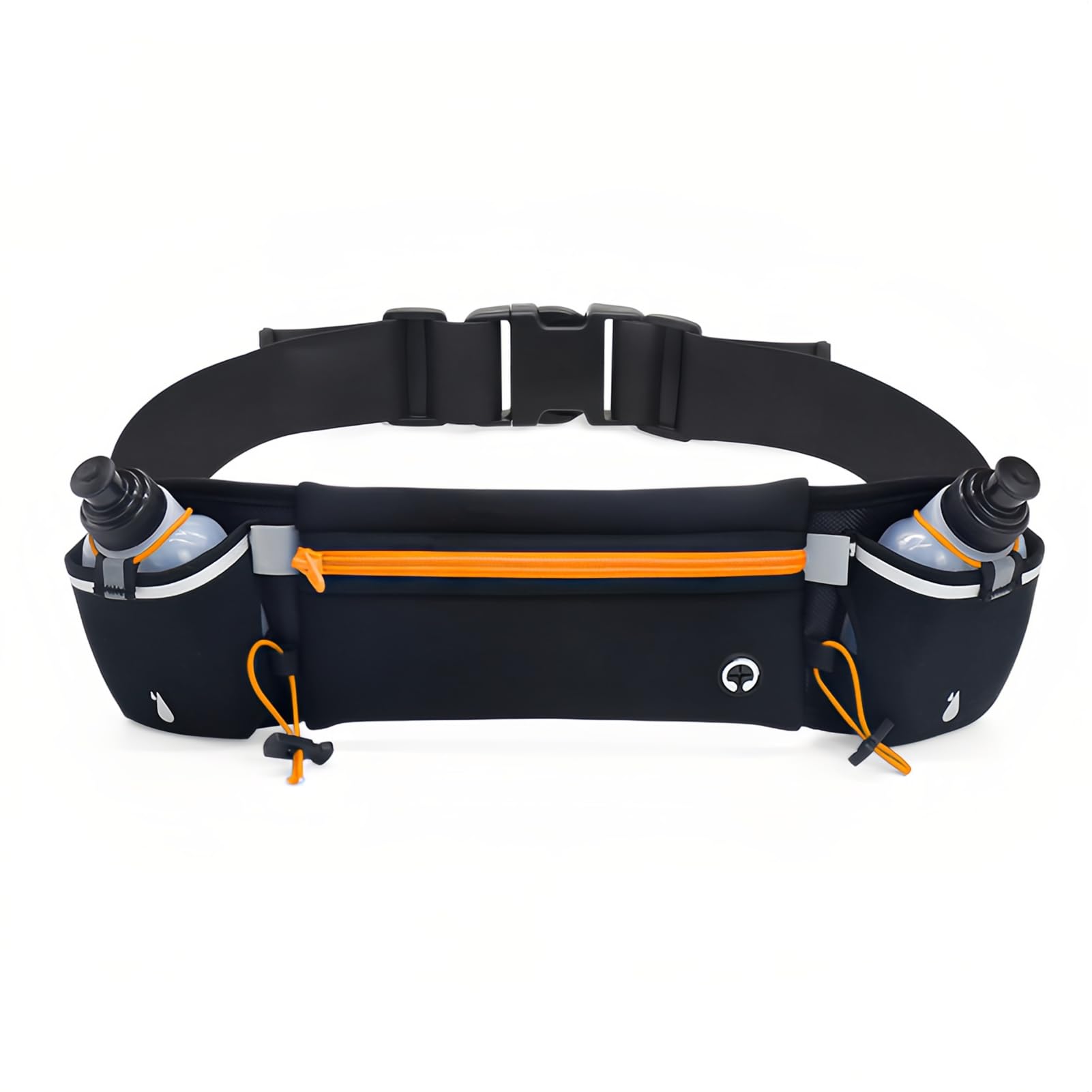 Laufgürtel mit Wasserflaschen(2 x 180 ml) mit Reflektierenden Streifen Verstellbare Trink-Hüfttasche wasserdichte Sport-Hüfttasche für Marathon Wandern Radfahren(Schwarz+Orange)