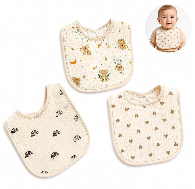 1 Pack Muslin Baby Bibs for Boys & Girls, Soft Cotton Drool Bibs with Waterproof TPU Backing, Adjustable Snap Closure, Absorbent Feeding and Teething Bibs for Infants 0-24 Months, Random Designs-image-39