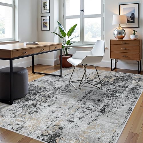 5x8 Area Rugs for Living Room Rug Washable: Abstract Rug for Dining Room Bedroom Carpet Non Slip 5 by 8 Indoor Modern Nursery Home Office Black Grey Gold