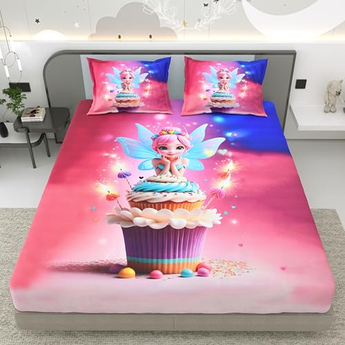 Image of Dream Weaverz 7D Bedsheet for Double Bed King Size with 2 Pillow Covers | Digital Printed & Fitted Elastic for Kids | Soft Glaze Cotton Feel | Fits Upto 12 Inch Mattress (Fairy & Cupcake)