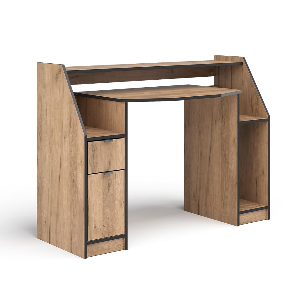 Vicco Table de Jeu Joel, Chêne de Force doré, 123.2x45cm avec 1 tiroir et 1 Porte, avec Surfaces de Rangement et rehausse pour Moniteur