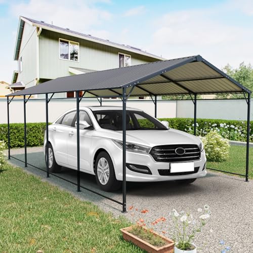 Carport de metal resistente para exteriores, con techo y estructura de acero galvanizado, garaje grande con soportes fijos inclinados de tubo cuadrado para automóvil o camión, color negro (12×21 pies)