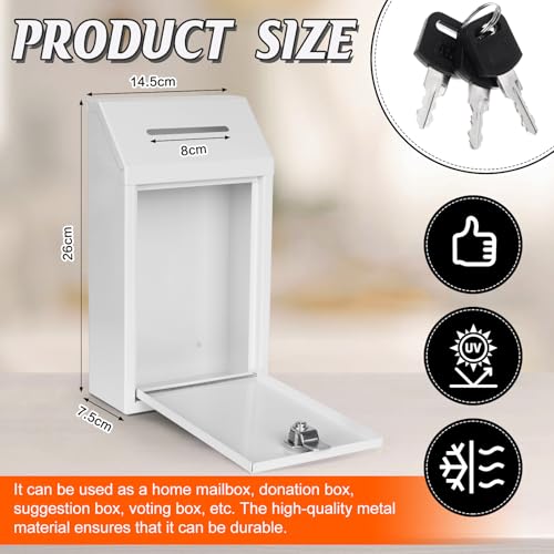 Metal Donation Box Collection Safe Suggestion Box with Lock Wall Mounted Mailbox Delivery Ballot Case Key Drop Case for Home Office Outdoor Door, 10.24 x 5.71 x 2.95 Inch (White) by Mkhaslri - Used condition - Image 2