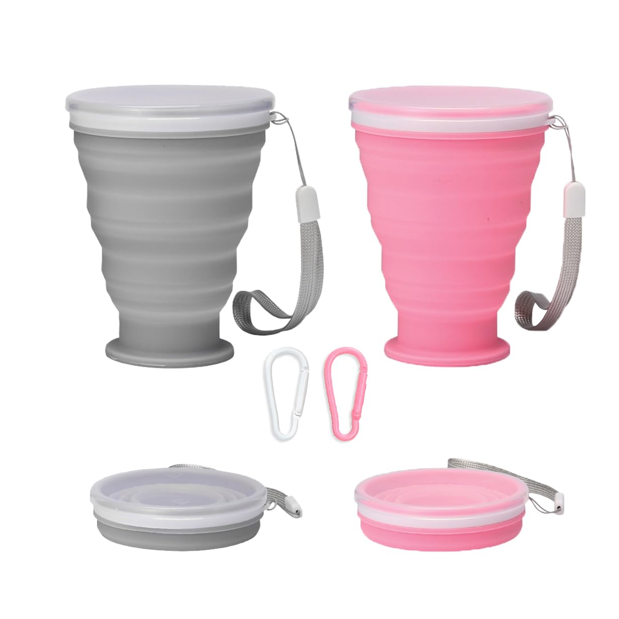 MSLSOZ 2Pcs Silicone Foldable Cups, 300ml Collapsible Camping Cups, BPA Free Portable Folding Mugs with Sealing Lid & 2 Buckles, Reusable Mugs Set for Picnic, Camping, Marathon (Pink & Grey)
