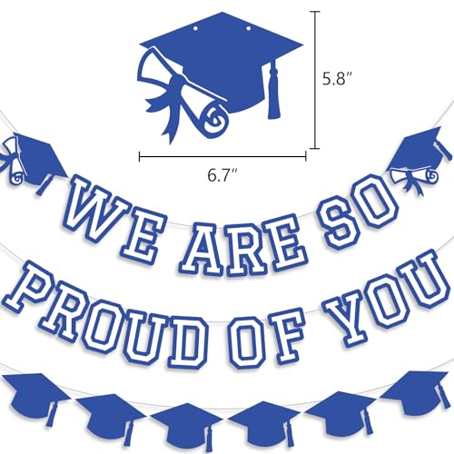 Image of We Are So Proud Of You Banner Graduation Party Decorations Congrats Grad Cap Garlands Wall Sign White Blue