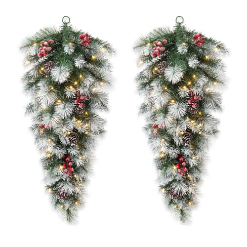 glitzhome 2Pcs Pre-Lit Pinecones and Red Berries Christmas Teardrop Swag with 50 Warm White Lights, Battery Operated with Timers, 36