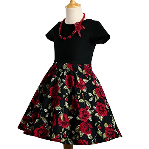 Girls Black Red Vintage Floral Rose Dress For Special Occasions, Kids 50S Birthday Party Holiday Dresses With Necklace，Size 8 #TOP2